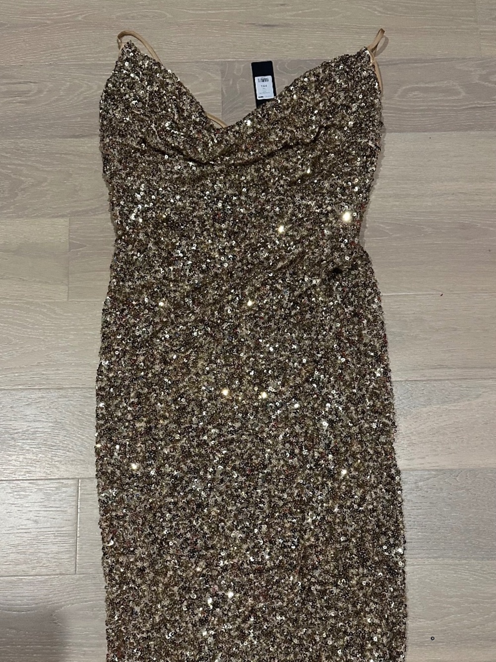 NWT gold sequin midi dress with cross cross spaghetti straps